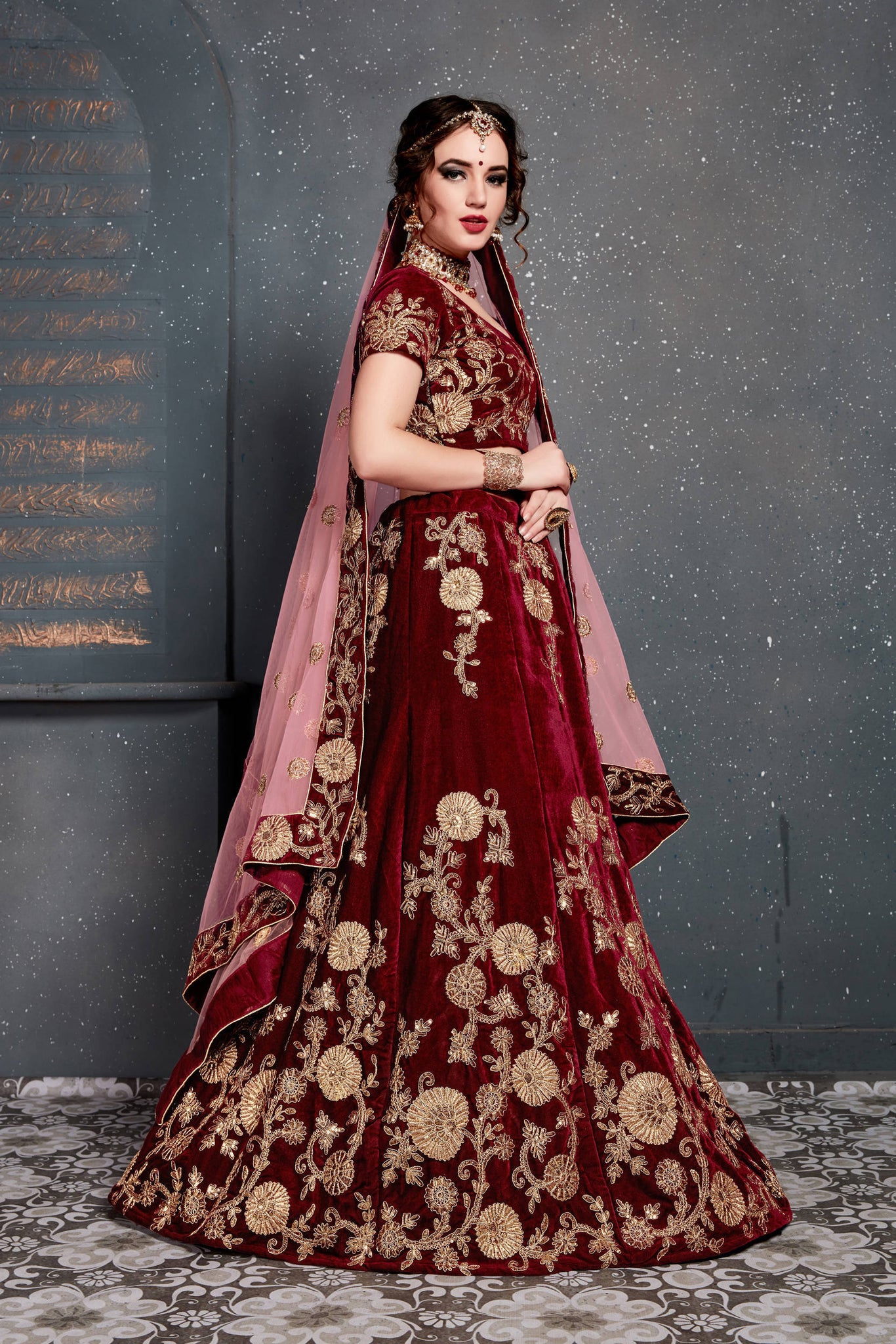 Bridal Lehenga Choli with Embroidered Maroon Velvet - LC6355