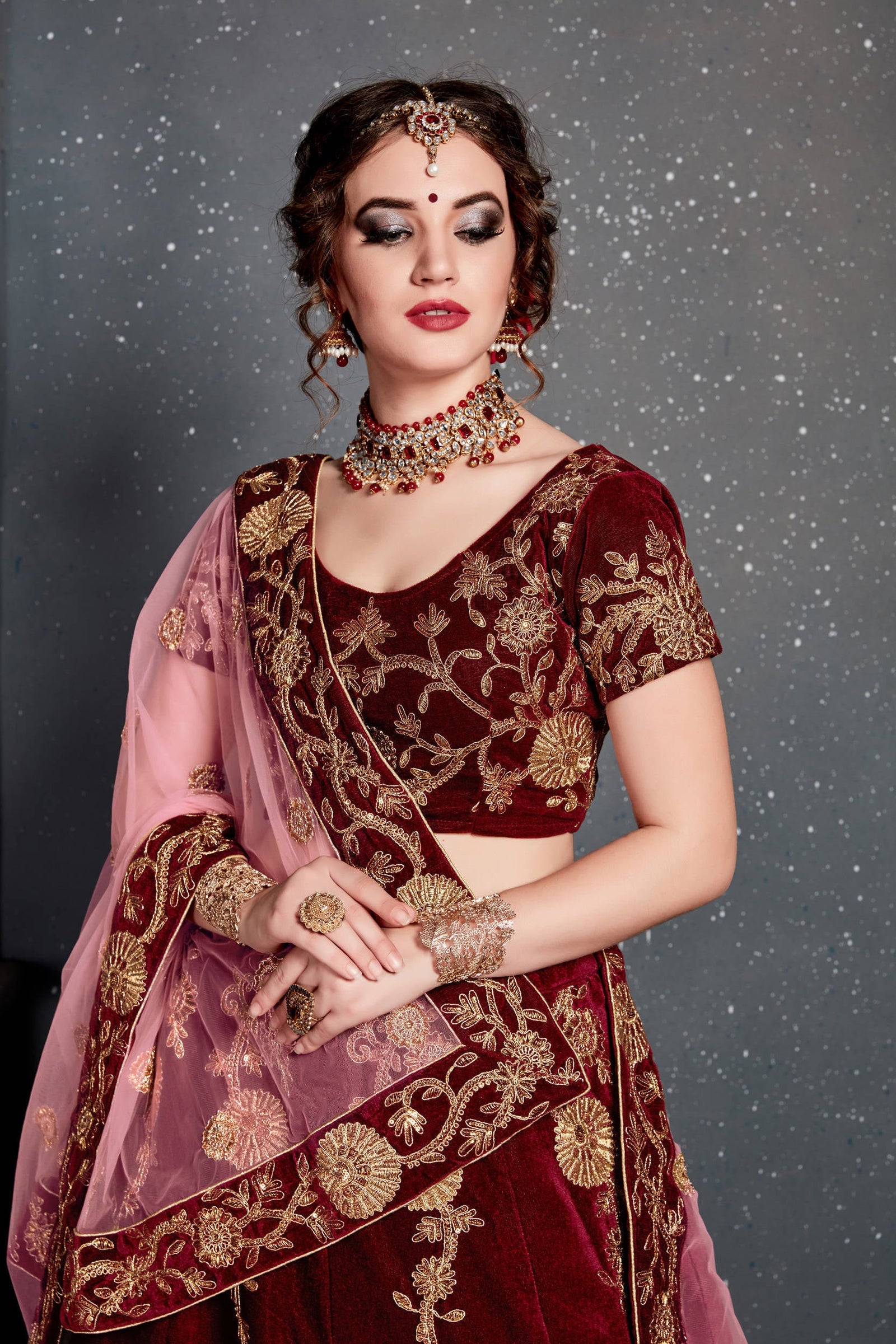 Innovative Maroon Bridal Wear Embroidered Velvet Lehenga Choli ClothsVilla