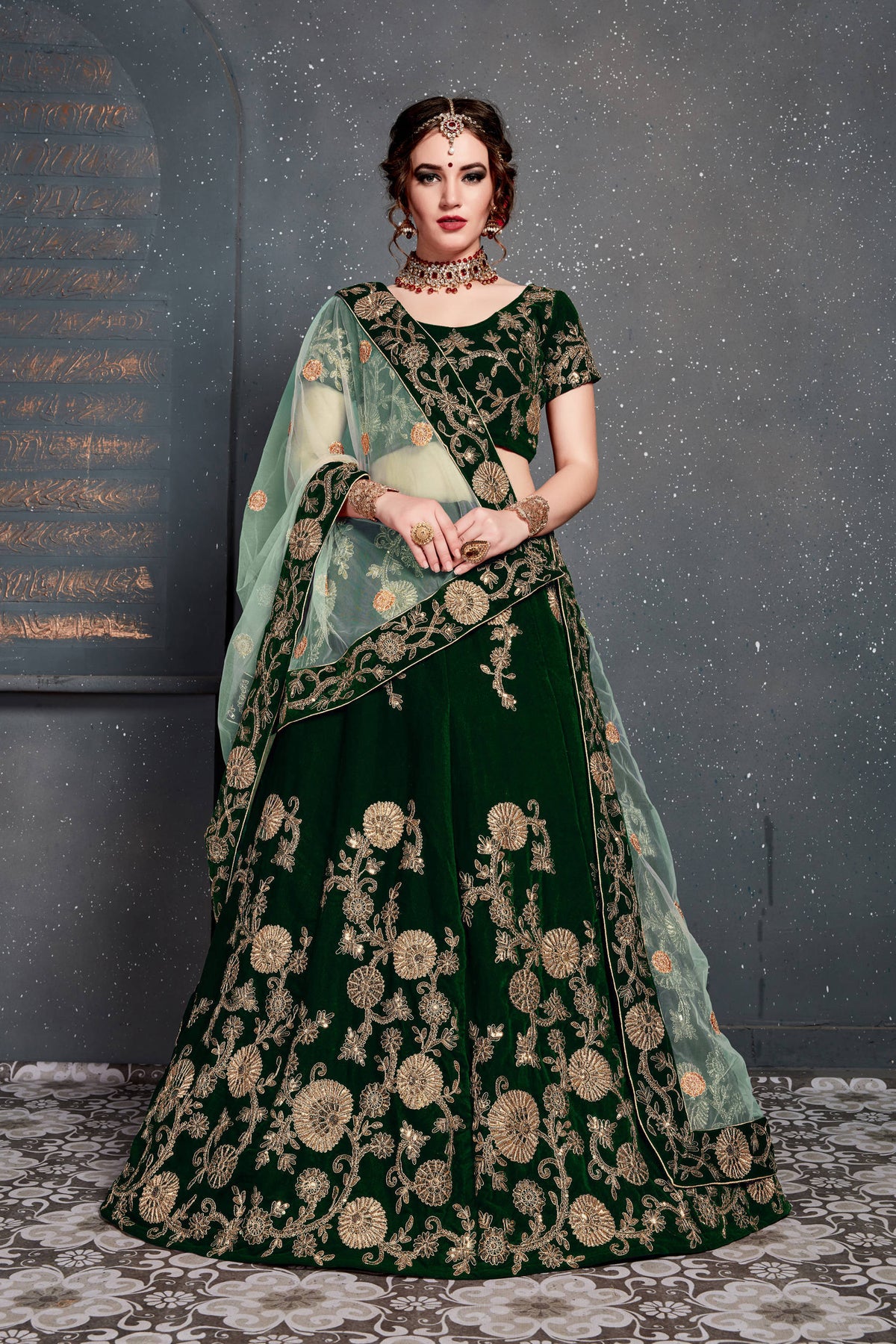 Demanding Dark Green Bridal Wear Embroidered Velvet Lehenga Choli ClothsVilla Main image