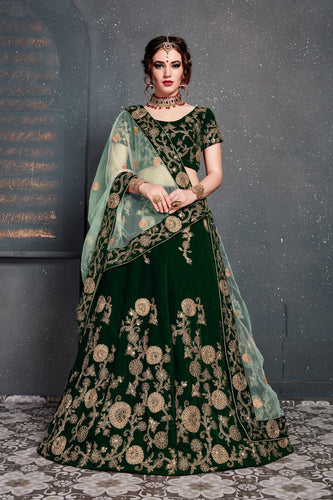 Demanding Dark Green Bridal Wear Embroidered Velvet Lehenga Choli ClothsVilla