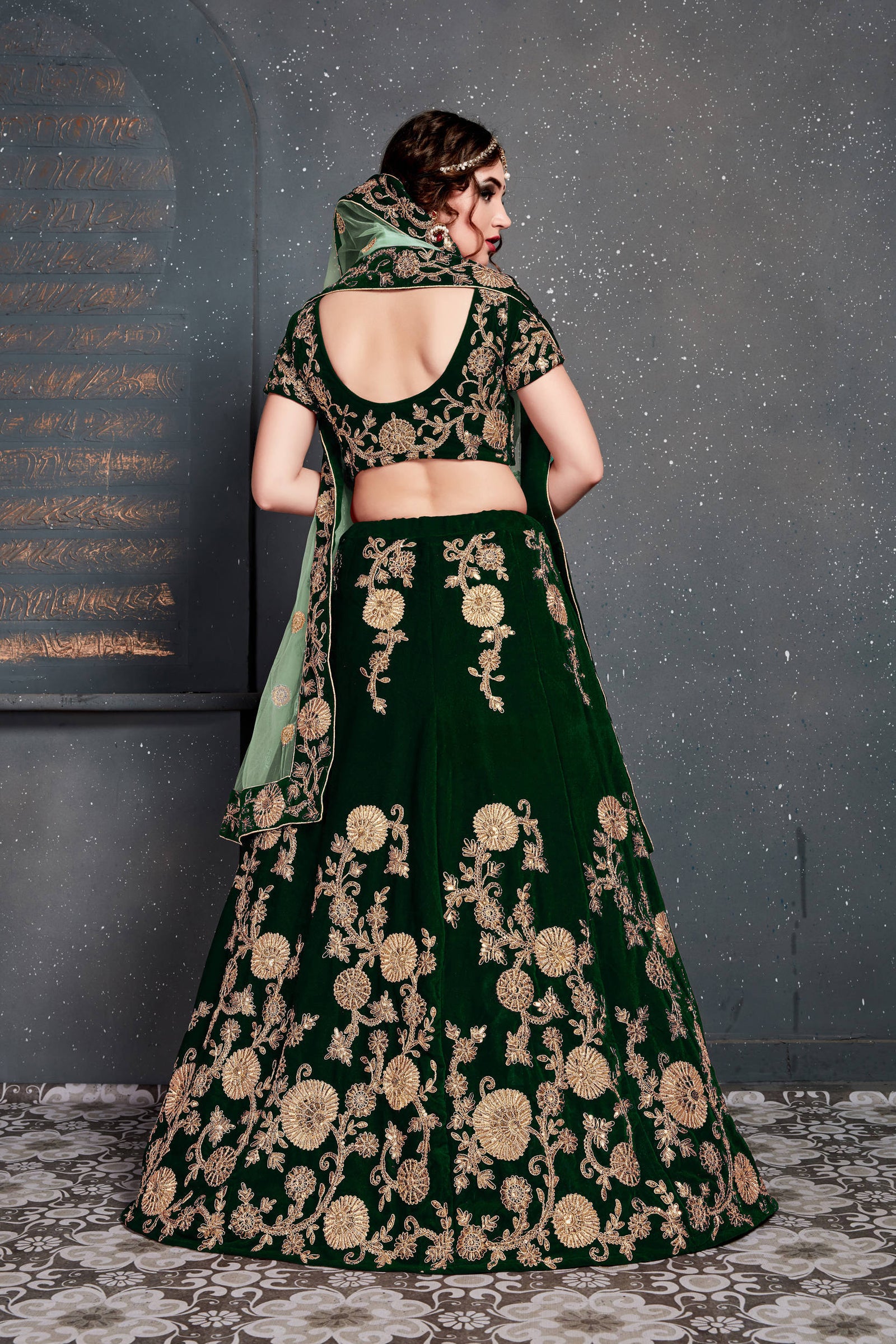 Demanding Dark Green Bridal Wear Embroidered Velvet Lehenga Choli ClothsVilla