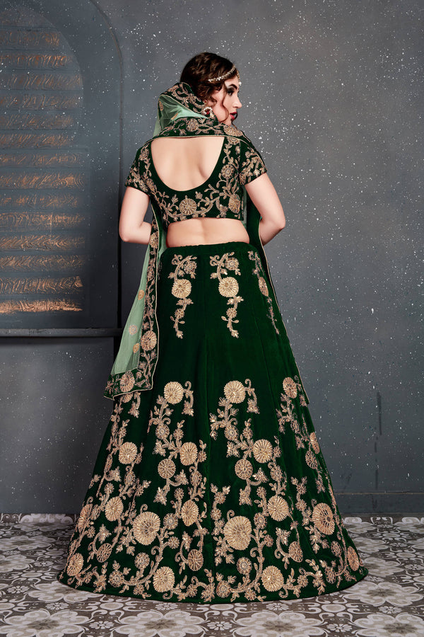 Demanding Dark Green Bridal Wear Embroidered Velvet Lehenga Choli ClothsVilla