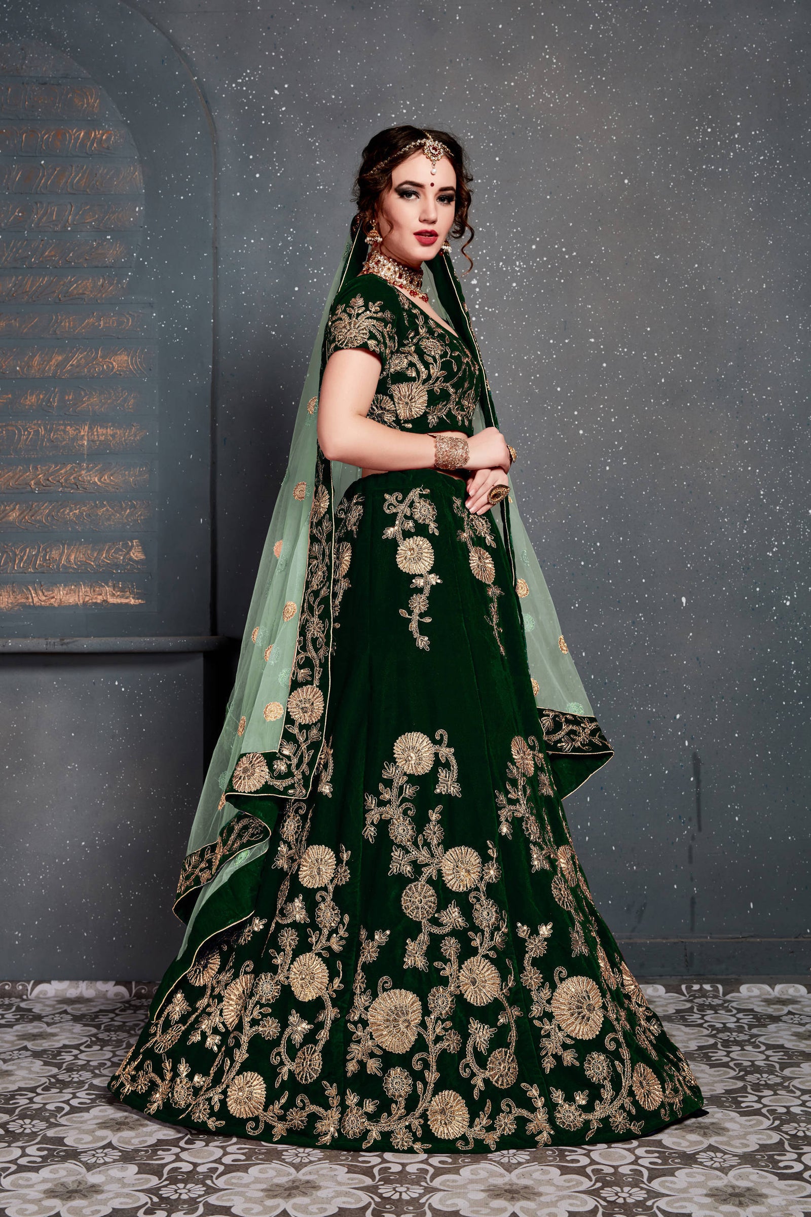 Demanding Dark Green Bridal Wear Embroidered Velvet Lehenga Choli ClothsVilla