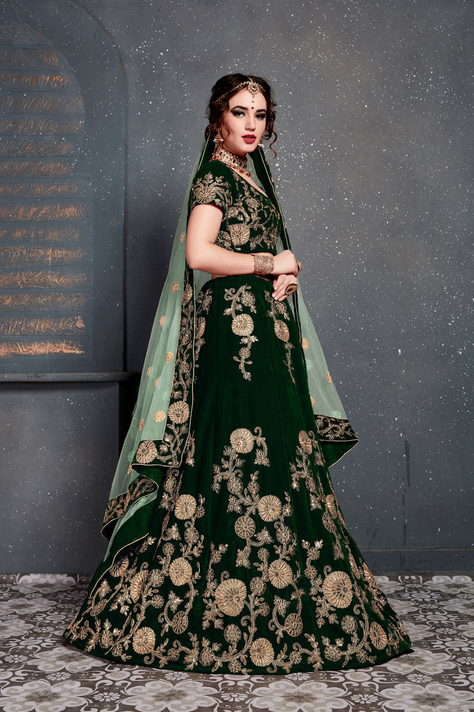 Demanding Dark Green Bridal Wear Embroidered Velvet Lehenga Choli ClothsVilla