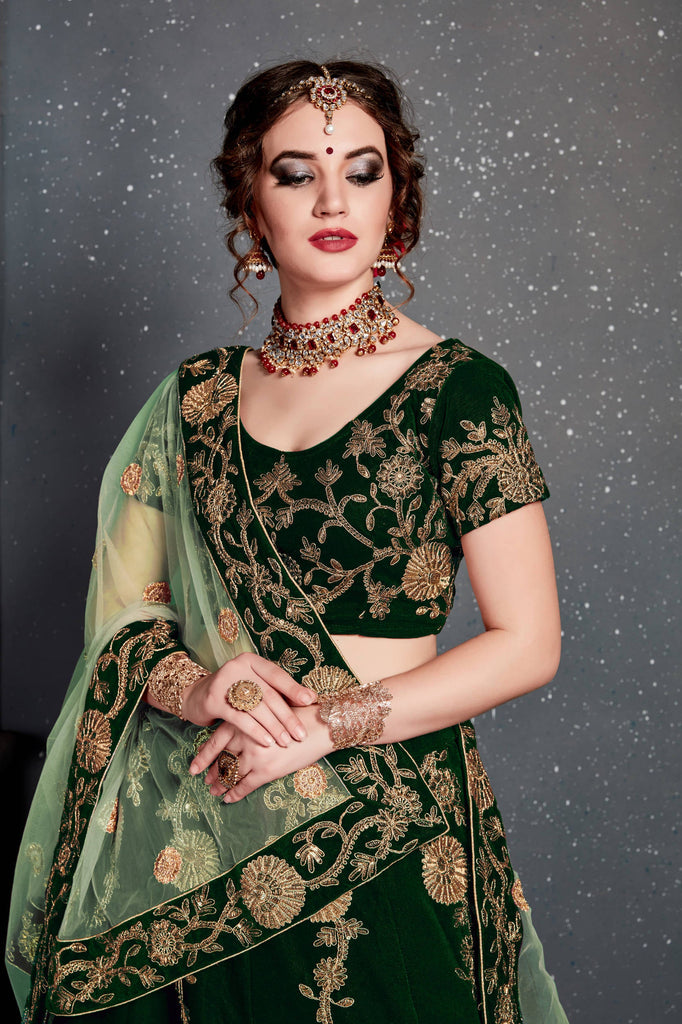 Demanding Dark Green Bridal Wear Embroidered Velvet Lehenga Choli ClothsVilla