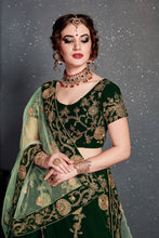Load image into Gallery viewer, Demanding Dark Green Bridal Wear Embroidered Velvet Lehenga Choli ClothsVilla