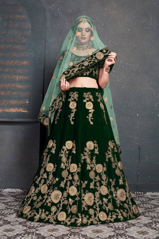 Demanding Dark Green Bridal Wear Embroidered Velvet Lehenga Choli ClothsVilla