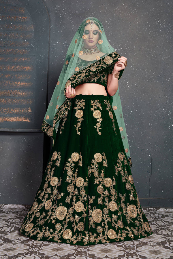 Demanding Dark Green Bridal Wear Embroidered Velvet Lehenga Choli ClothsVilla