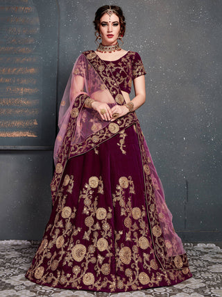 Purple Embroidered Velvet Bridal Semi Stitched Lehenga Choli ClothsVilla