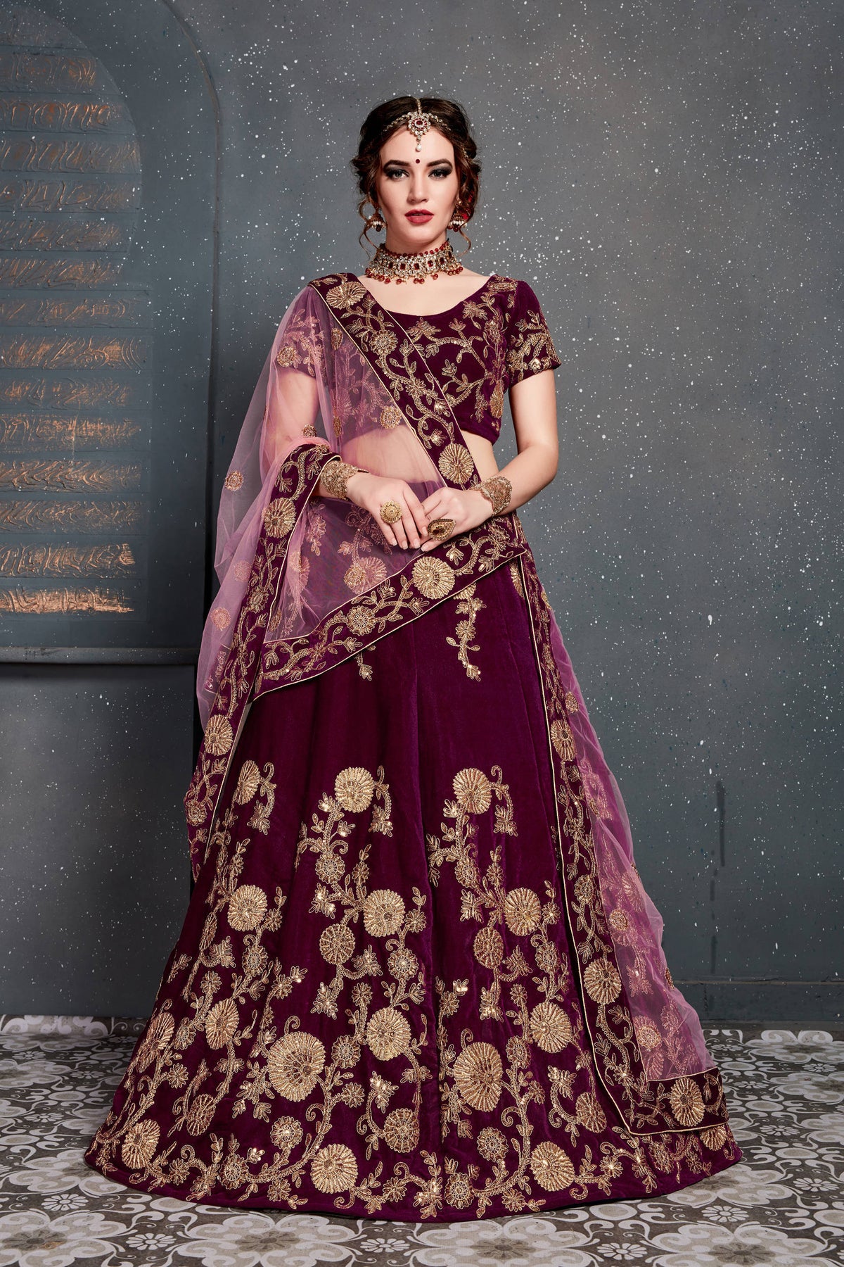 Energetic Purple Bridal Wear Embroidered Velvet Lehenga Choli ClothsVilla Main image