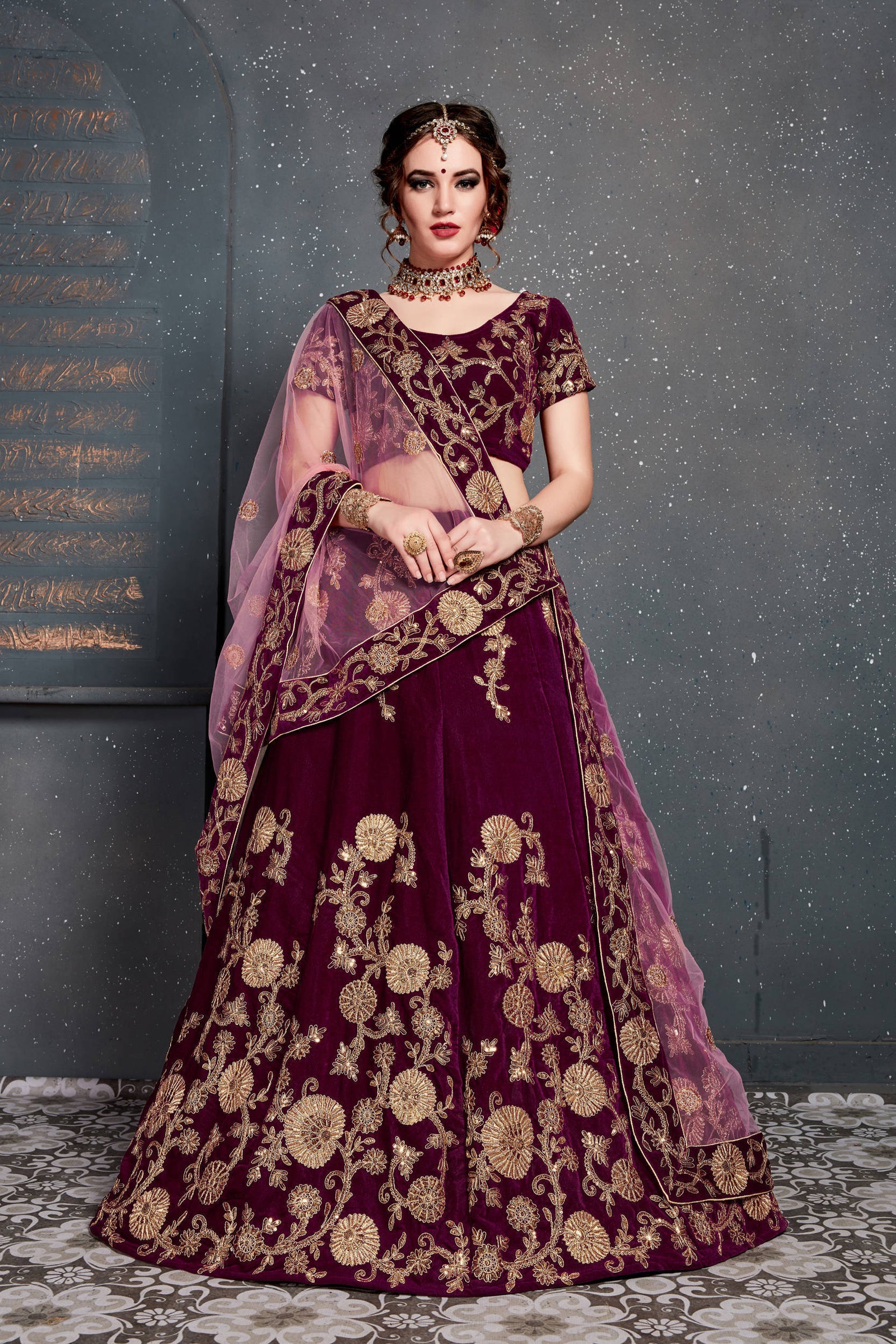Energetic Purple Bridal Wear Embroidered Velvet Lehenga Choli ClothsVilla