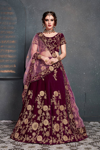 Energetic Purple Bridal Wear Embroidered Velvet Lehenga Choli ClothsVilla
