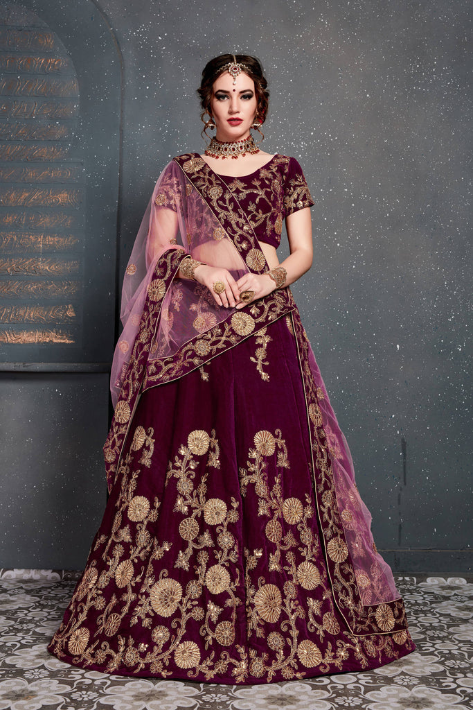 Elegant Maroon Color Velvet Embroidery & Diamond Work Bridal Wear Lehenga  Choli -28151 | Heenastyle