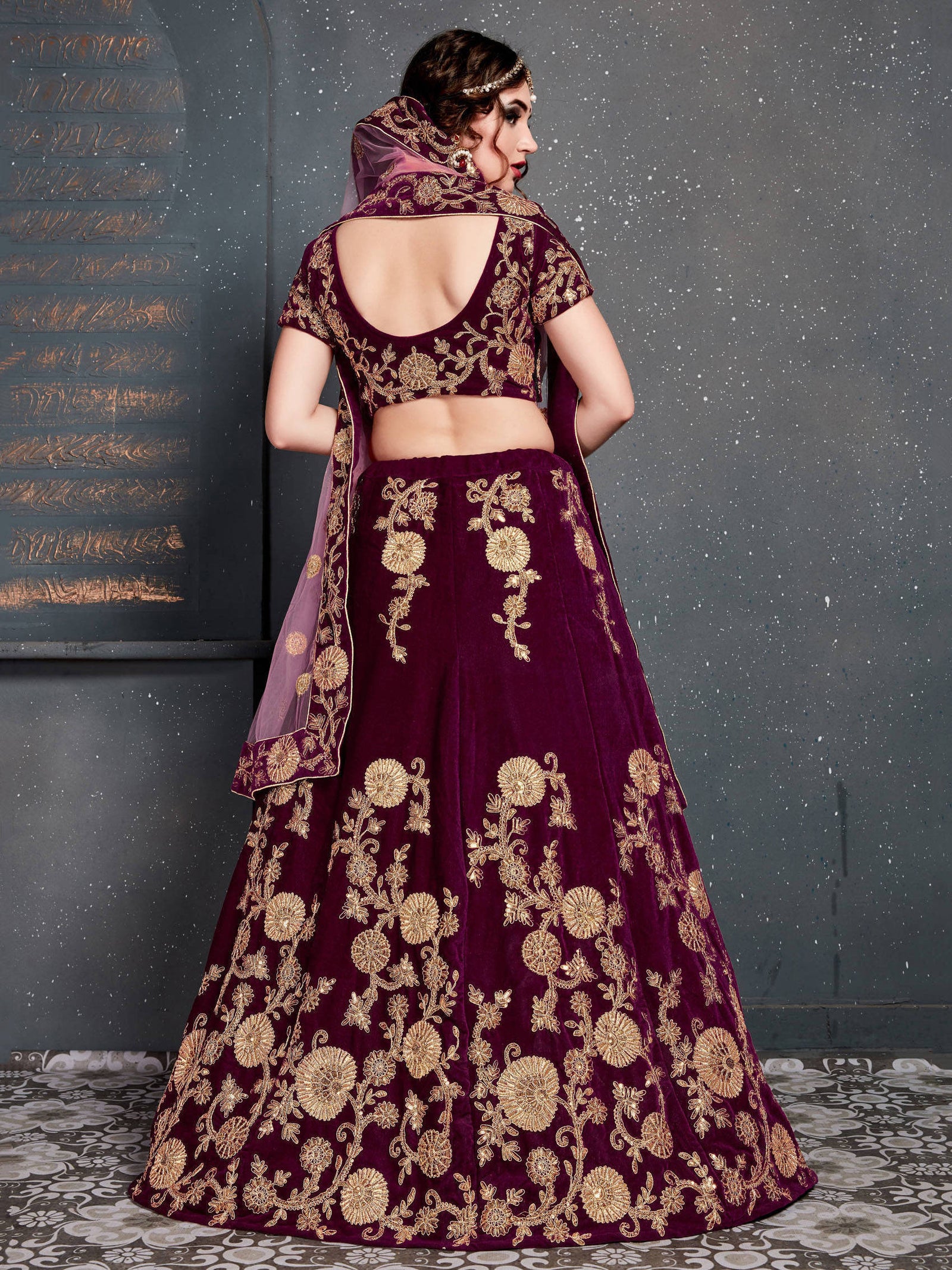 Purple Embroidered Velvet Bridal Semi Stitched Lehenga Choli ClothsVilla