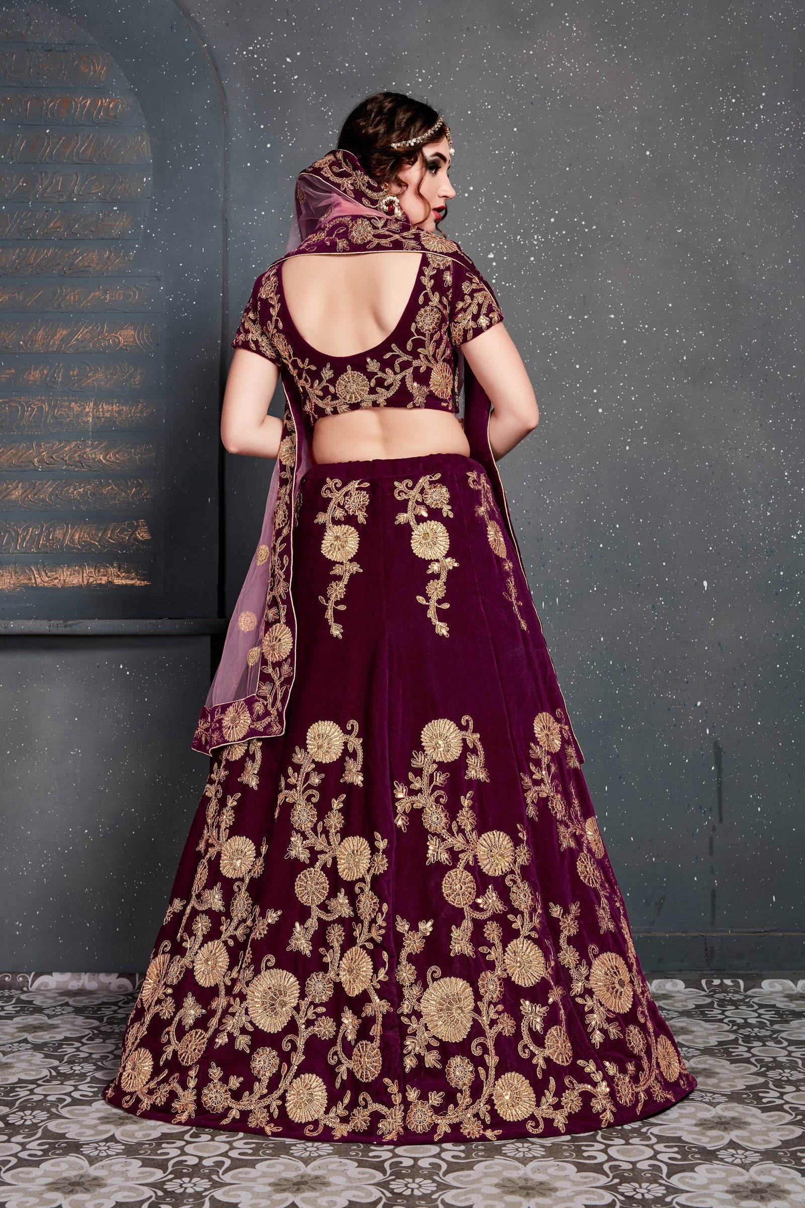 Energetic Purple Bridal Wear Embroidered Velvet Lehenga Choli ClothsVilla