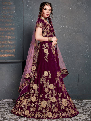 Purple Embroidered Velvet Bridal Semi Stitched Lehenga Choli ClothsVilla