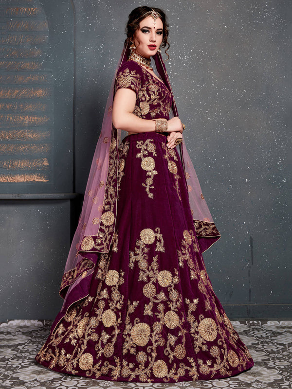Purple Embroidered Velvet Bridal Semi Stitched Lehenga Choli ClothsVilla