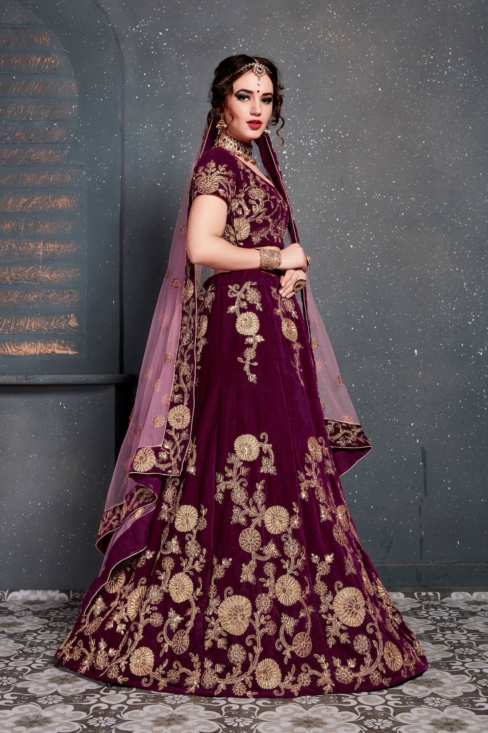 Energetic Purple Bridal Wear Embroidered Velvet Lehenga Choli ClothsVilla