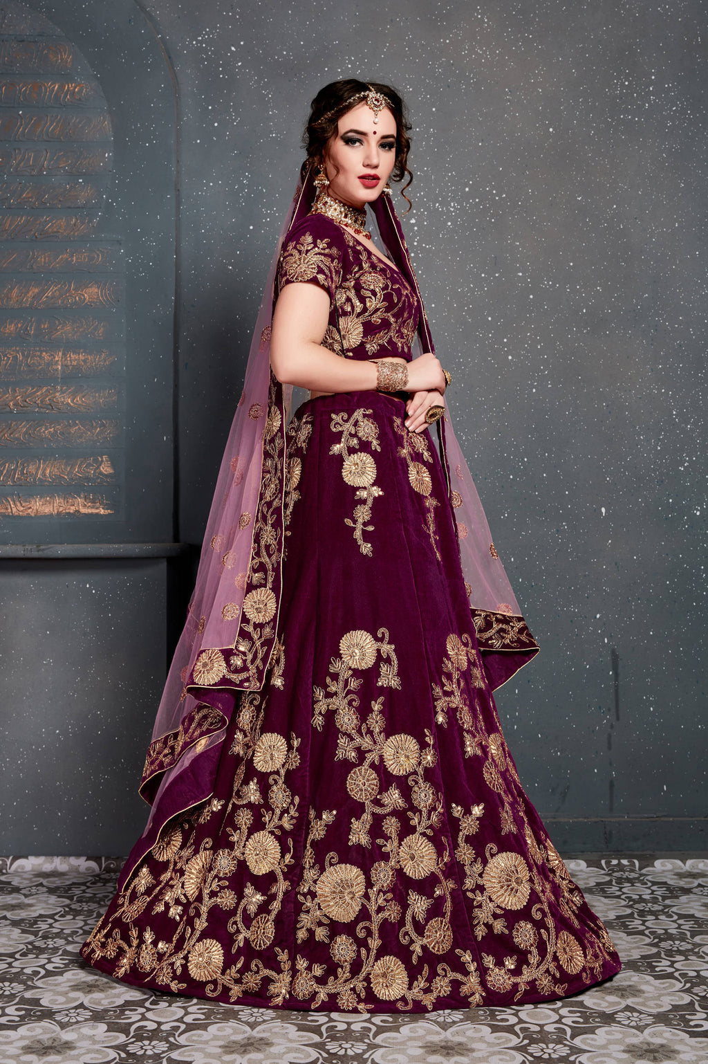 Energetic Purple Bridal Wear Embroidered Velvet Lehenga Choli ClothsVilla