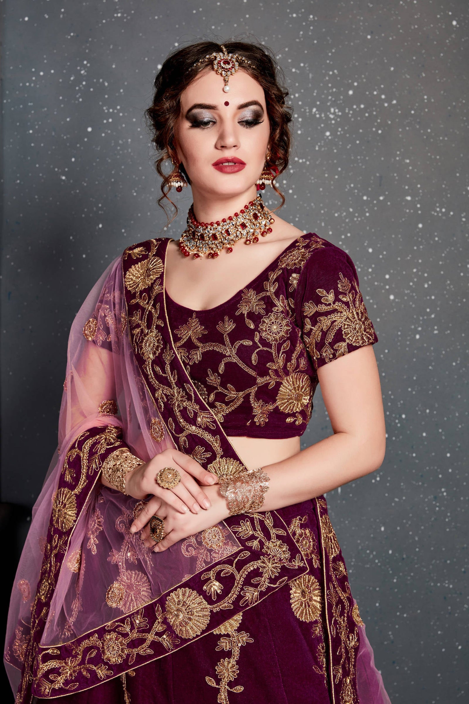 Purple Embroidered Velvet Bridal Semi Stitched Lehenga Choli ClothsVilla