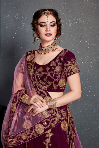 Energetic Purple Bridal Wear Embroidered Velvet Lehenga Choli ClothsVilla