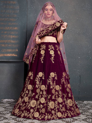 Purple Embroidered Velvet Bridal Semi Stitched Lehenga Choli ClothsVilla