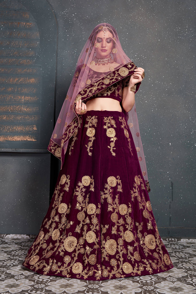 Energetic Purple Bridal Wear Embroidered Velvet Lehenga Choli ClothsVilla