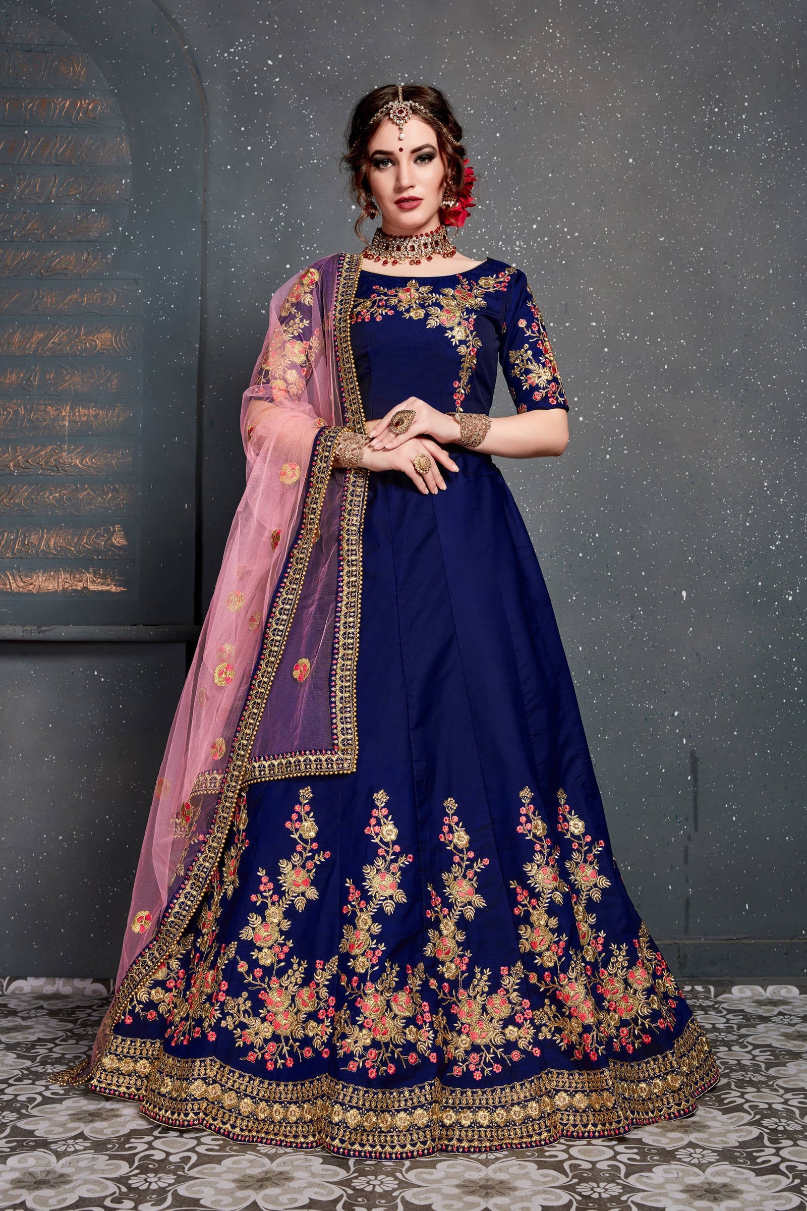 Stunning Navy Blue Embroidered Taffeta Silk Bridal Lehenga Choli ClothsVilla