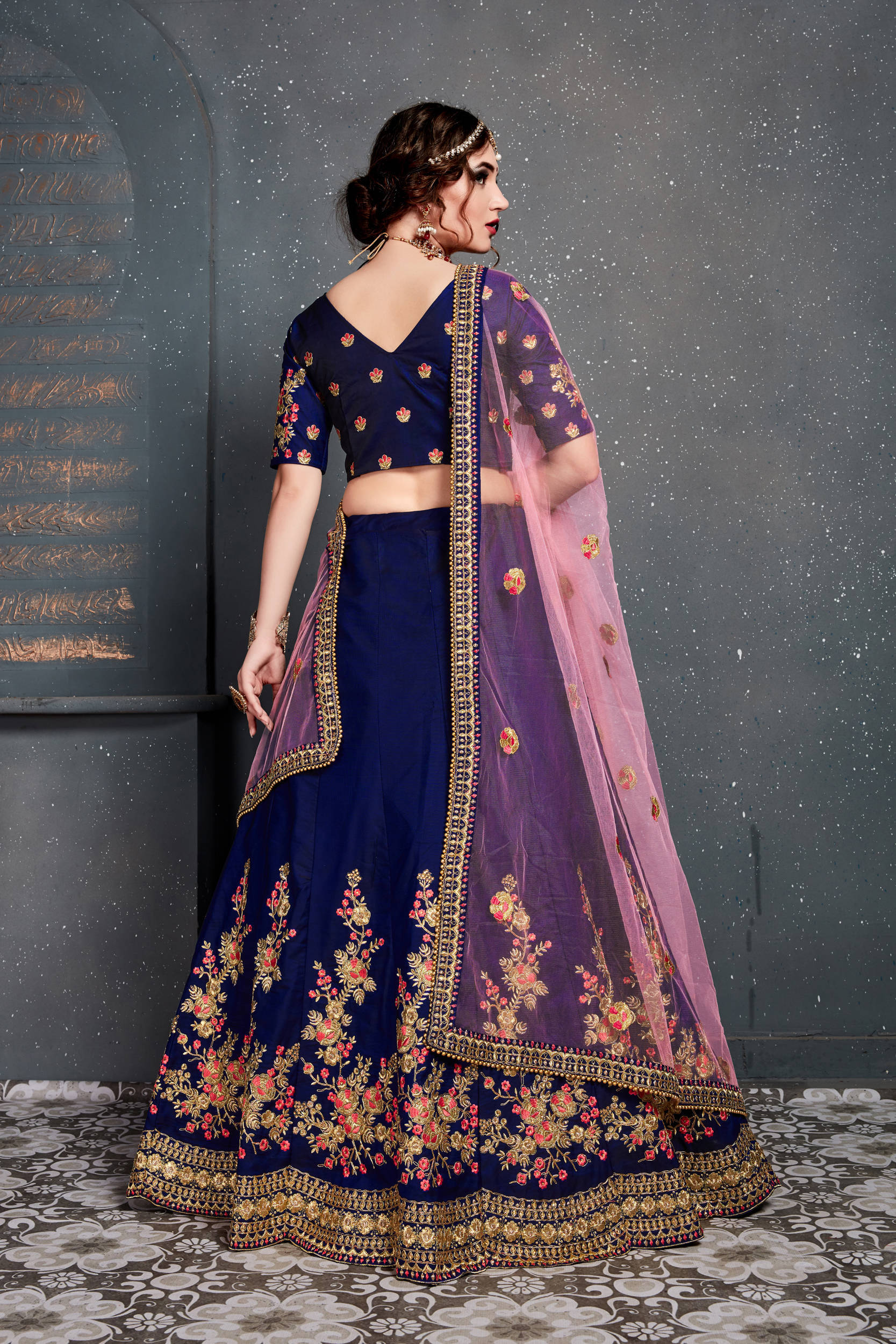 Stunning Navy Blue Embroidered Taffeta Silk Bridal Lehenga Choli Secondary image