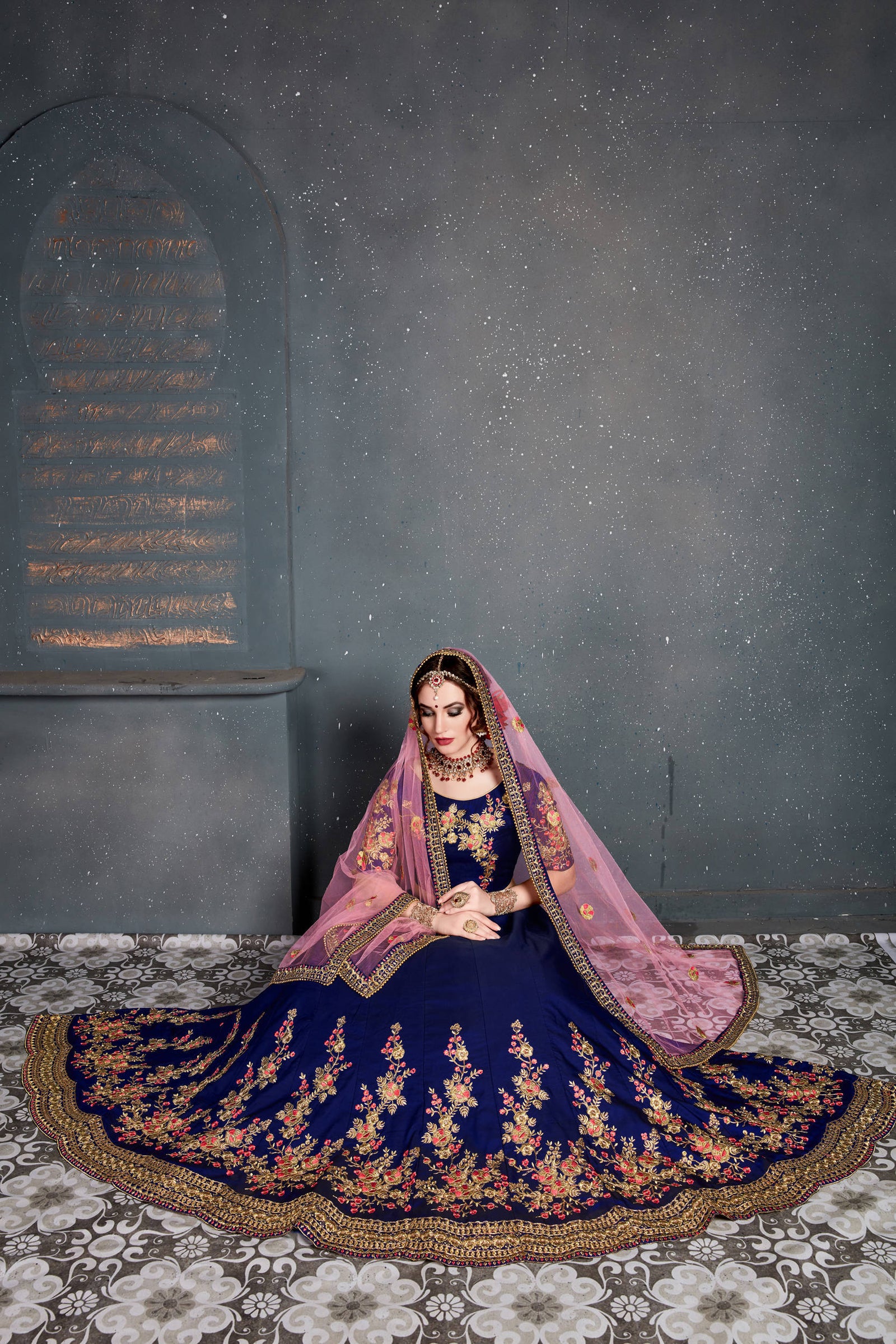 Stunning Navy Blue Embroidered Taffeta Silk Bridal Lehenga Choli ClothsVilla