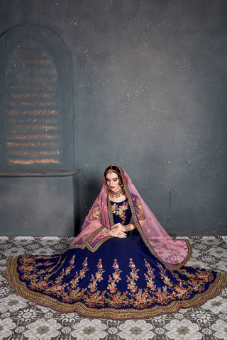 Stunning Navy Blue Embroidered Taffeta Silk Bridal Lehenga Choli ClothsVilla