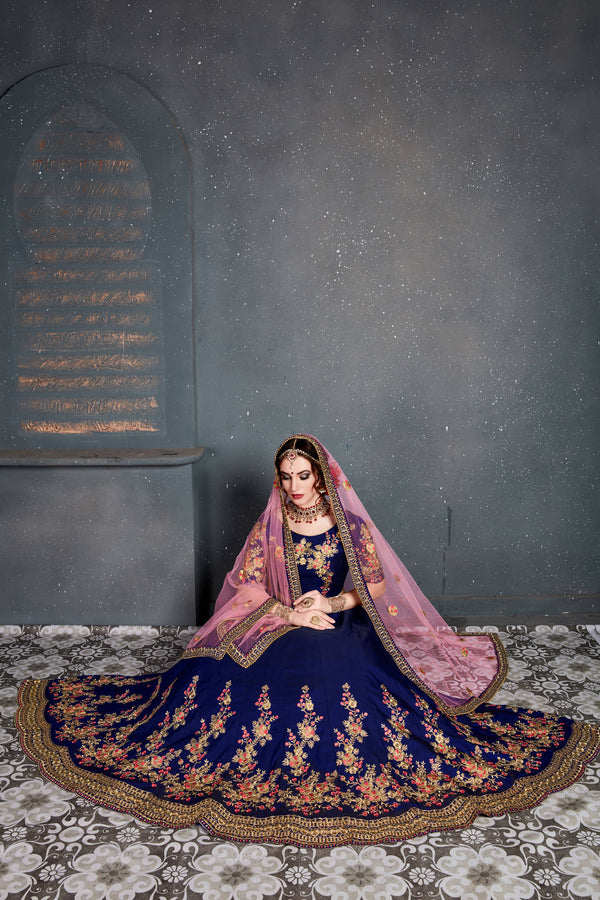 Stunning Navy Blue Embroidered Taffeta Silk Bridal Lehenga Choli ClothsVilla