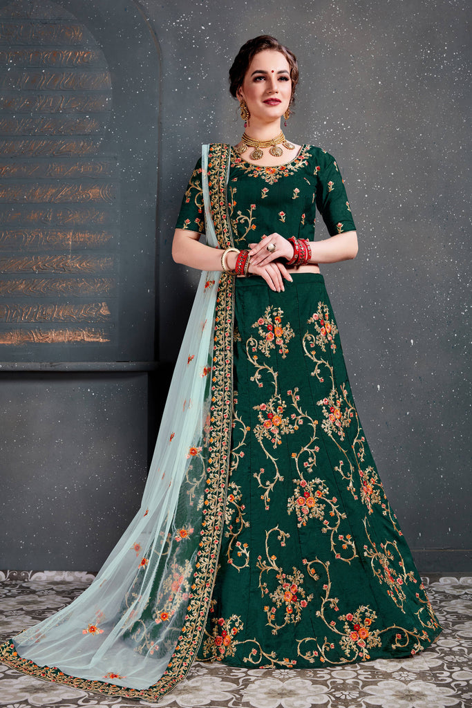 Ethnic Green Bridal Wear Embroidered Taffeta Silk Lehenga choli ClothsVilla