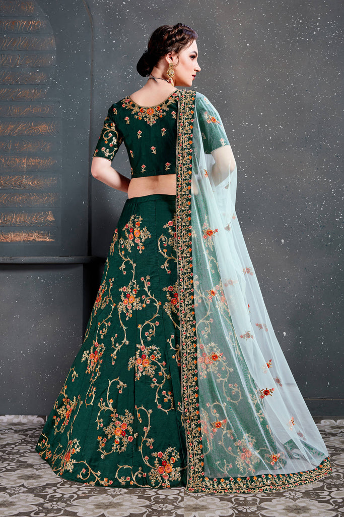 Ethnic Green Bridal Wear Embroidered Taffeta Silk Lehenga choli ClothsVilla