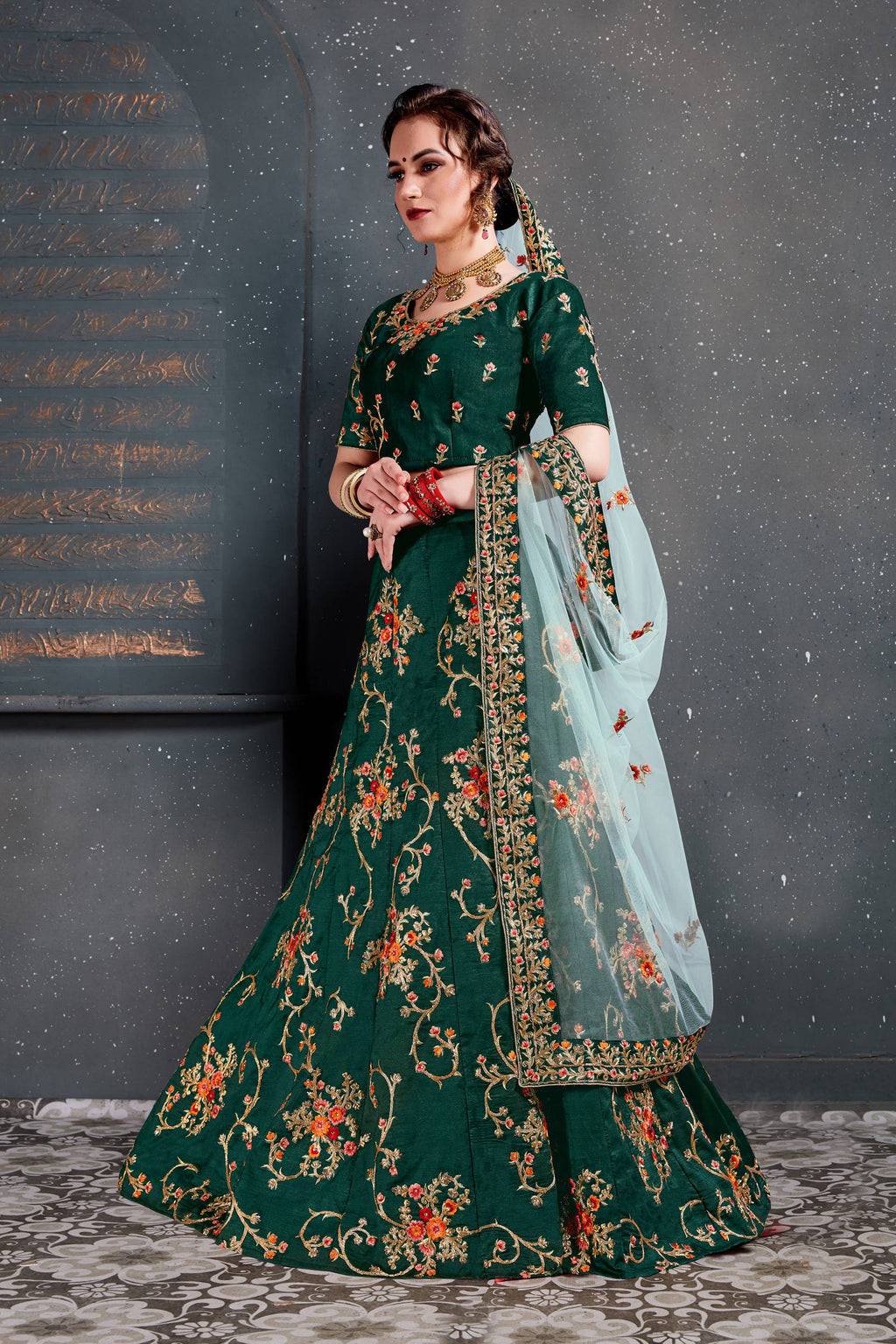 Ethnic Green Bridal Wear Embroidered Taffeta Silk Lehenga choli ClothsVilla