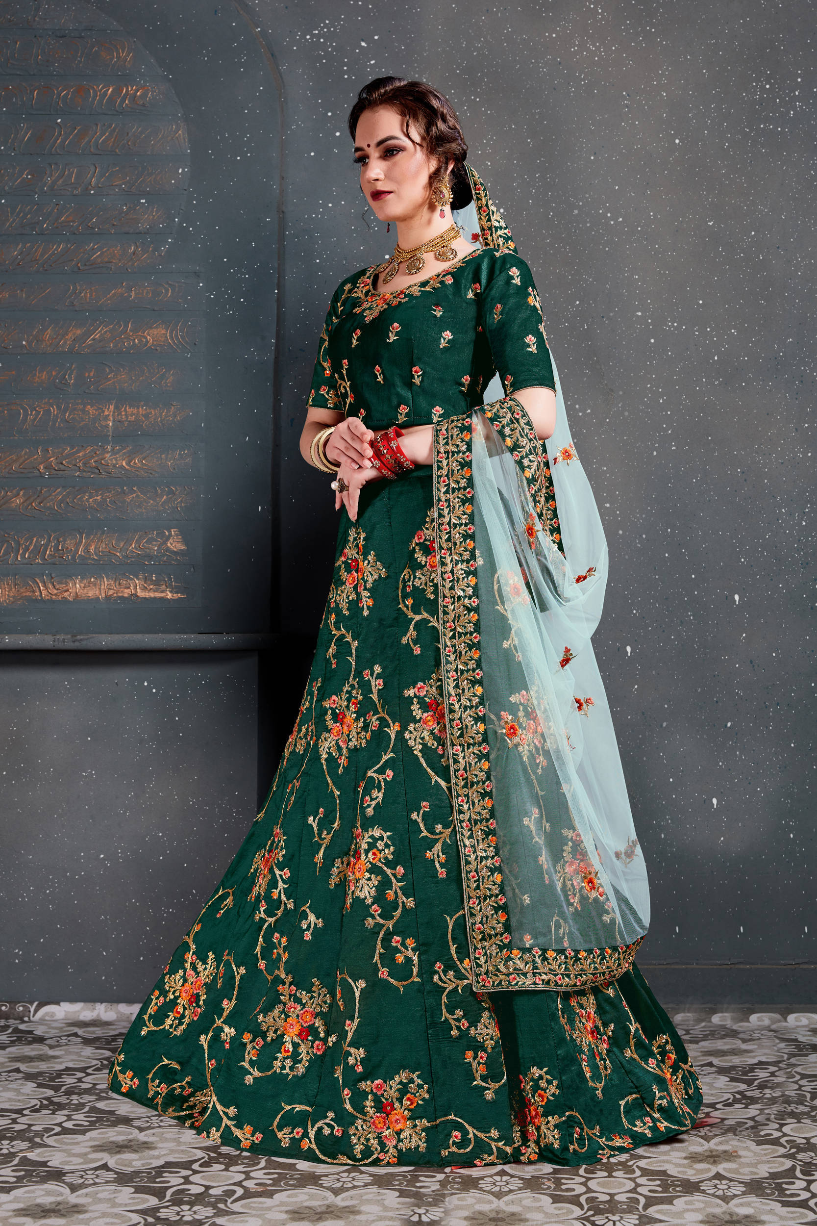 Ethnic Green Bridal Wear Embroidered Taffeta Silk Lehenga choli ClothsVilla