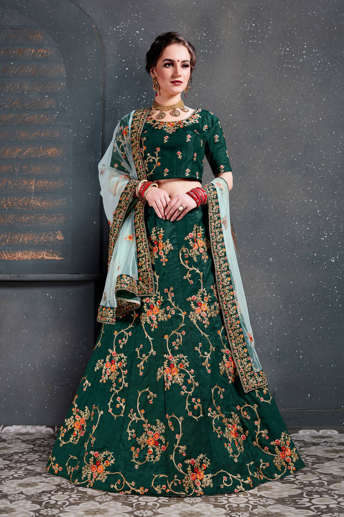Ethnic Green Bridal Wear Embroidered Taffeta Silk Lehenga choli ClothsVilla