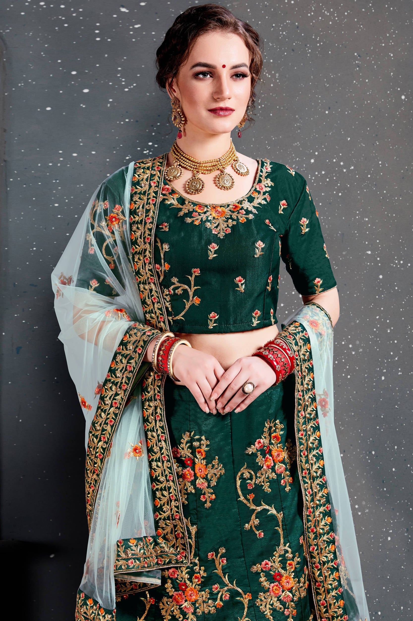 Ethnic Green Bridal Wear Embroidered Taffeta Silk Lehenga choli ClothsVilla
