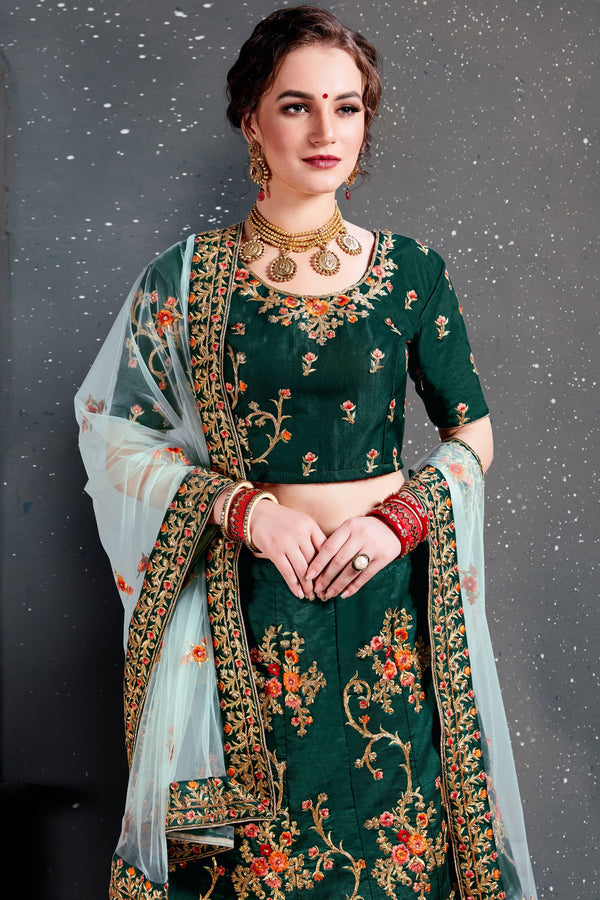Ethnic Green Bridal Wear Embroidered Taffeta Silk Lehenga choli ClothsVilla