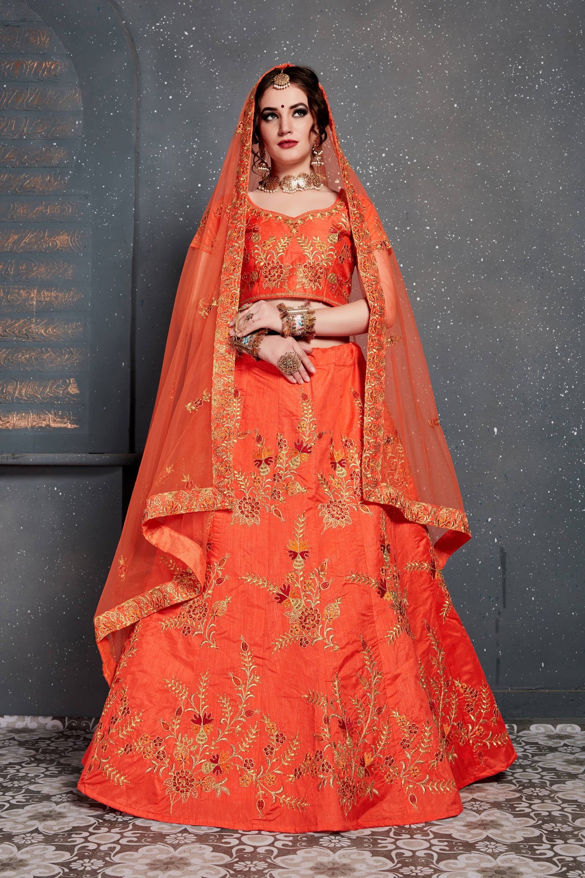 Hypnotic Orange Colored Slub Silk Lehenga Choli ClothsVilla Main image