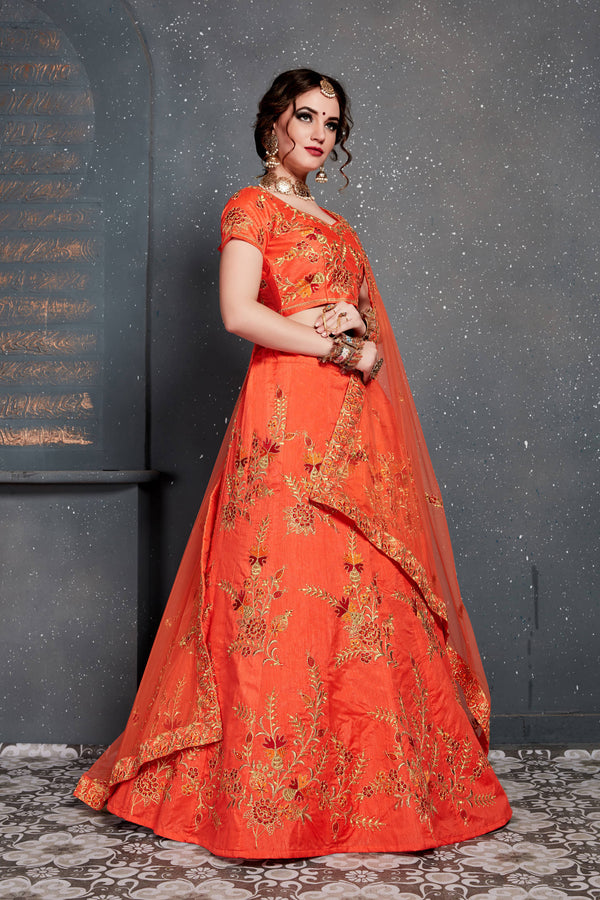 Hypnotic Orange Colored Slub Silk Lehenga Choli ClothsVilla
