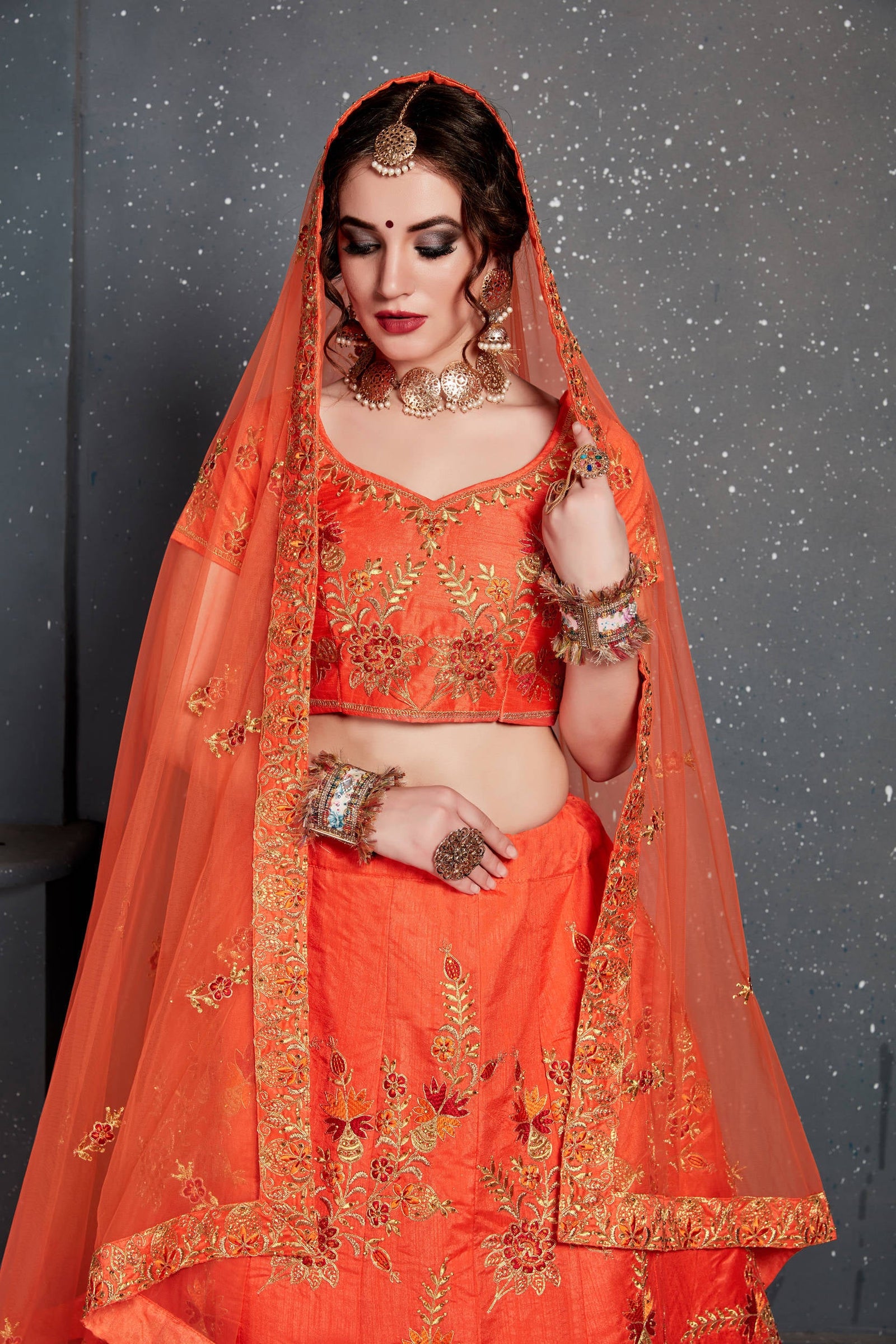 Hypnotic Orange Colored Slub Silk Lehenga Choli ClothsVilla