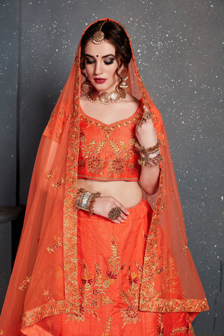 Hypnotic Orange Colored Slub Silk Lehenga Choli ClothsVilla