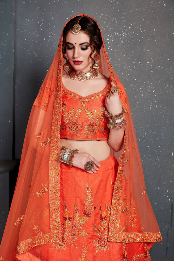 Hypnotic Orange Colored Slub Silk Lehenga Choli ClothsVilla