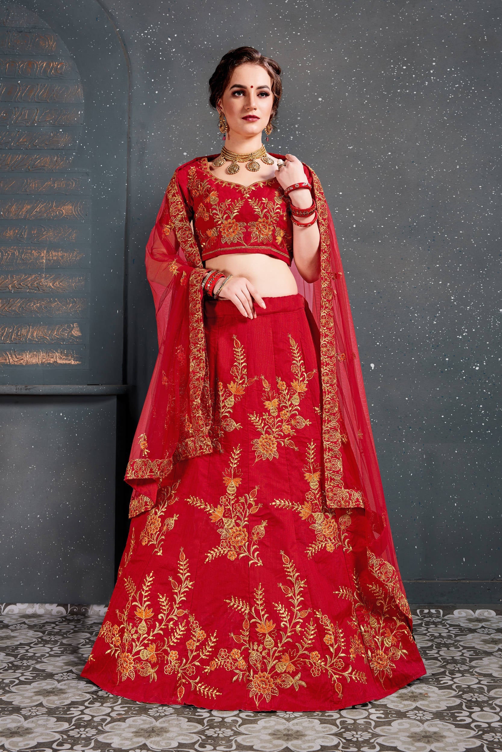 Flaunt Red Bridal Wear Embroidered Slub Silk Lehenga Choli ClothsVilla Main image