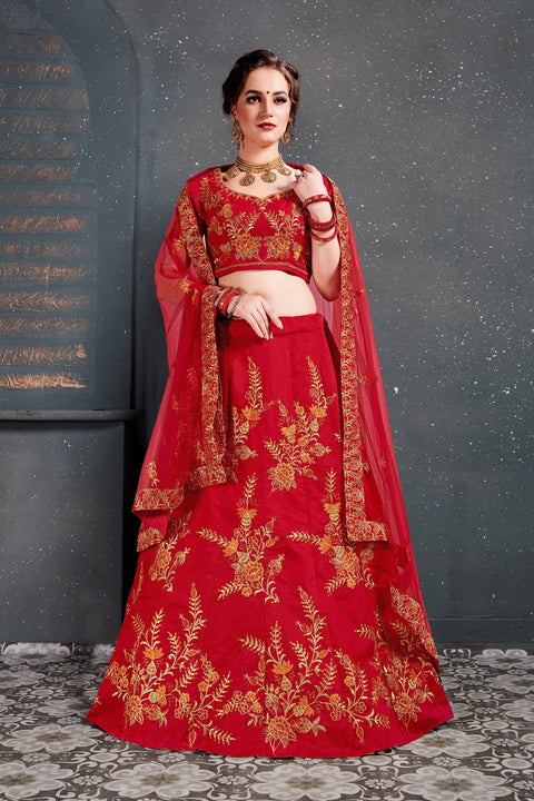 Flaunt Red Bridal Wear Embroidered Slub Silk Lehenga Choli ClothsVilla Main image