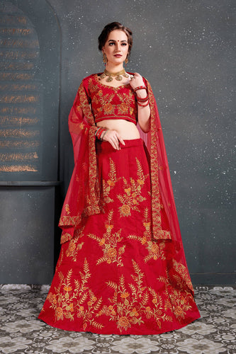 Flaunt Red Bridal Wear Embroidered Slub Silk Lehenga Choli ClothsVilla