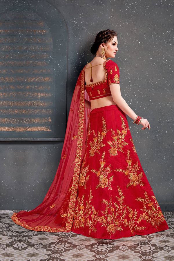 Flaunt Red Bridal Wear Embroidered Slub Silk Lehenga Choli ClothsVilla