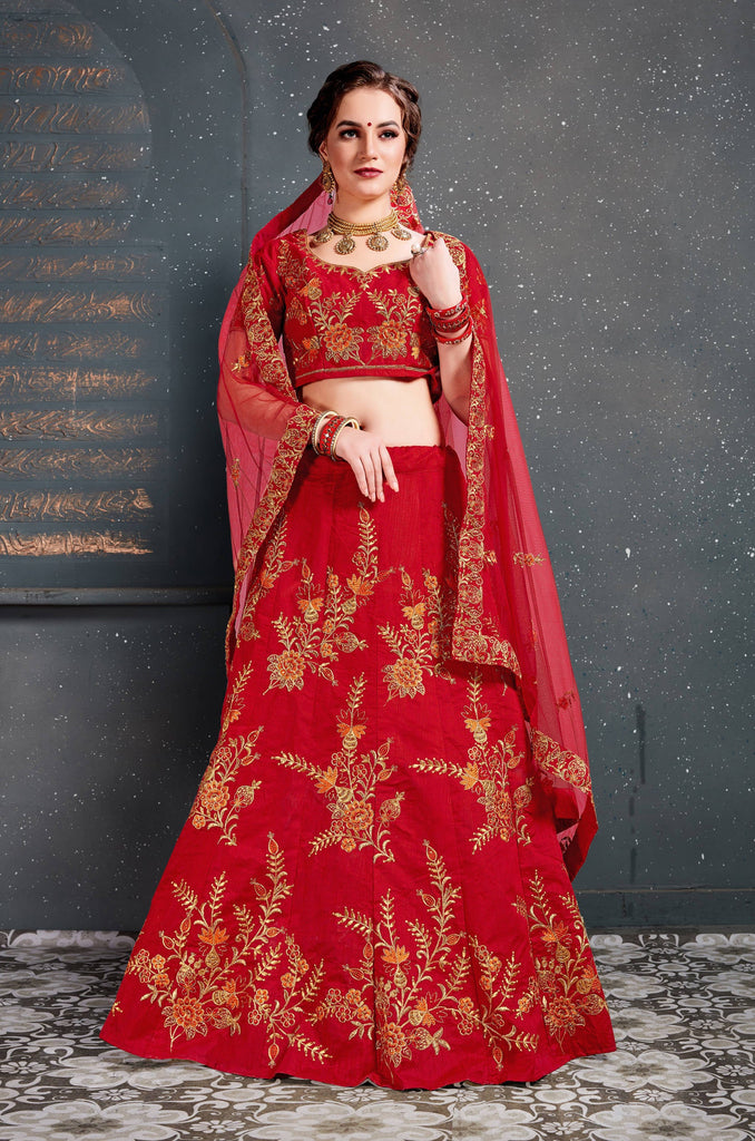 Flaunt Red Bridal Wear Embroidered Slub Silk Lehenga Choli ClothsVilla