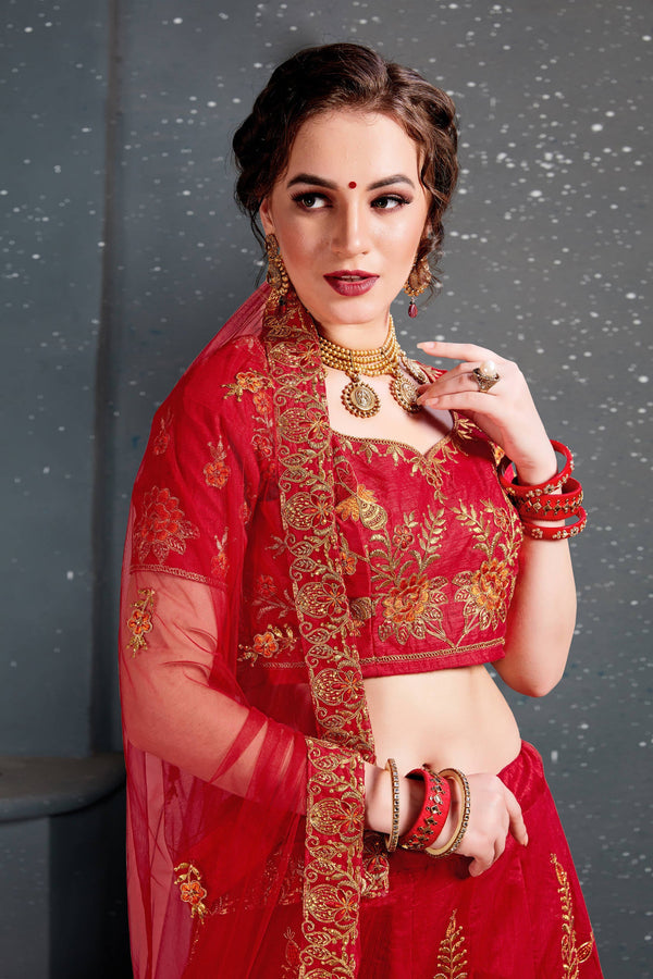 Flaunt Red Bridal Wear Embroidered Slub Silk Lehenga Choli ClothsVilla